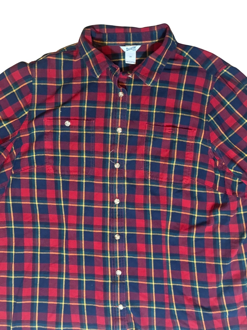 Duluth Trading Co Red and Navy Plaid Button-Down Shirt
